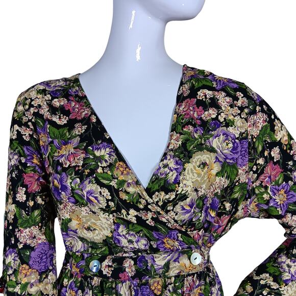 Vintage 90s Basics Floral Maxi Dress Large Long Sleeve Floral Print Purple Cream - Picture 2 of 10